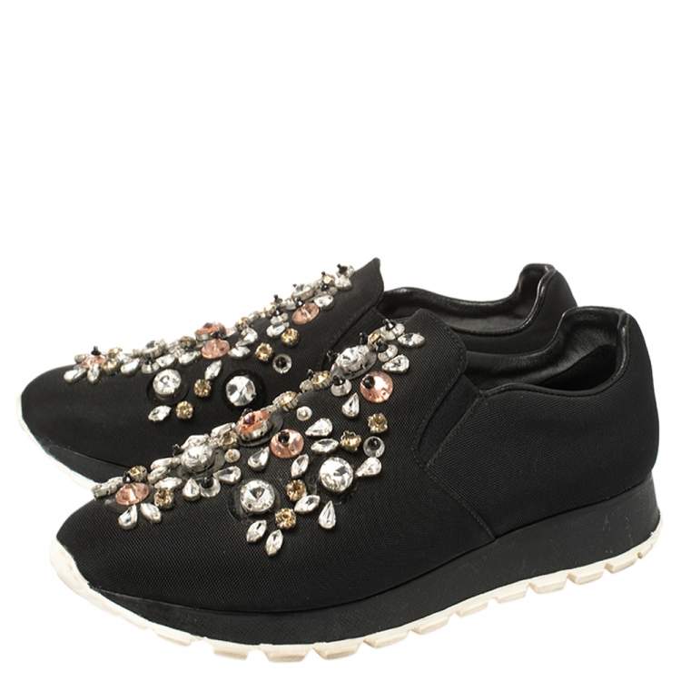 Pre Owned Prada Black Canvas Crystal Embellished Slip On Sneakers Size 38