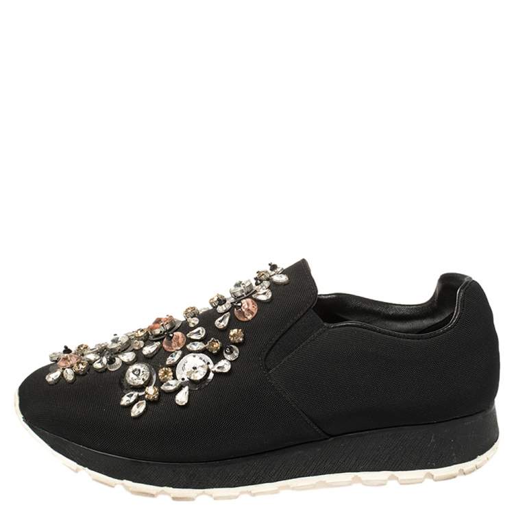 Pre Owned Prada Black Canvas Crystal Embellished Slip On Sneakers Size 38