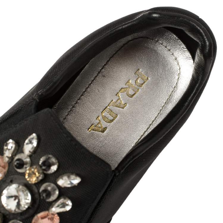 Pre Owned Prada Black Canvas Crystal Embellished Slip On Sneakers Size 38
