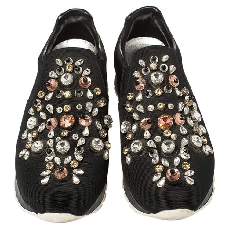 Pre Owned Prada Black Canvas Crystal Embellished Slip On Sneakers Size 38