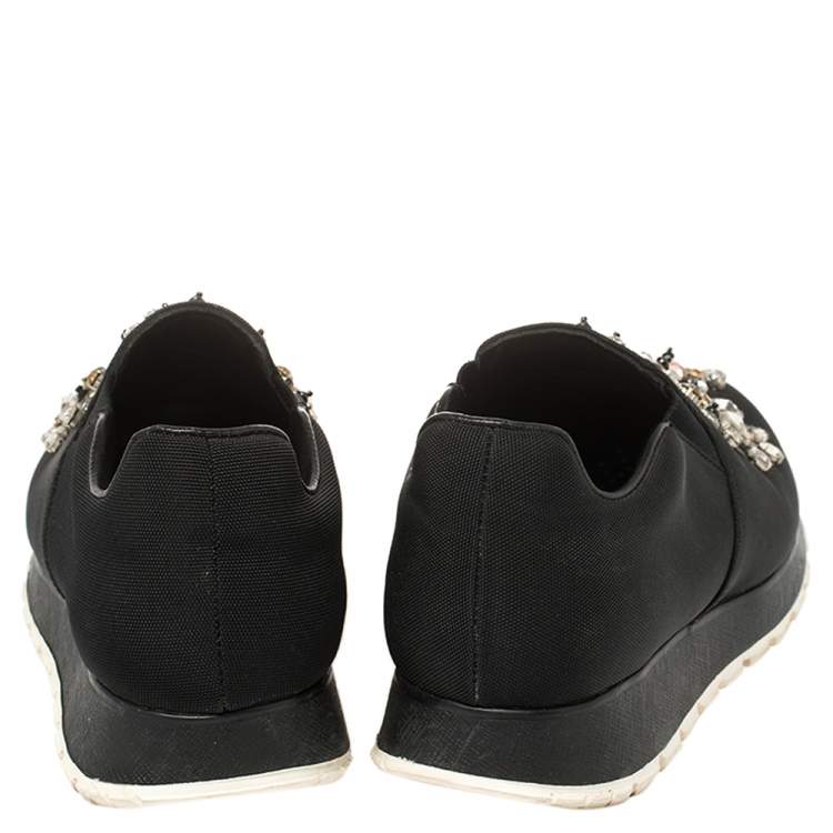 Pre Owned Prada Black Canvas Crystal Embellished Slip On Sneakers Size 38
