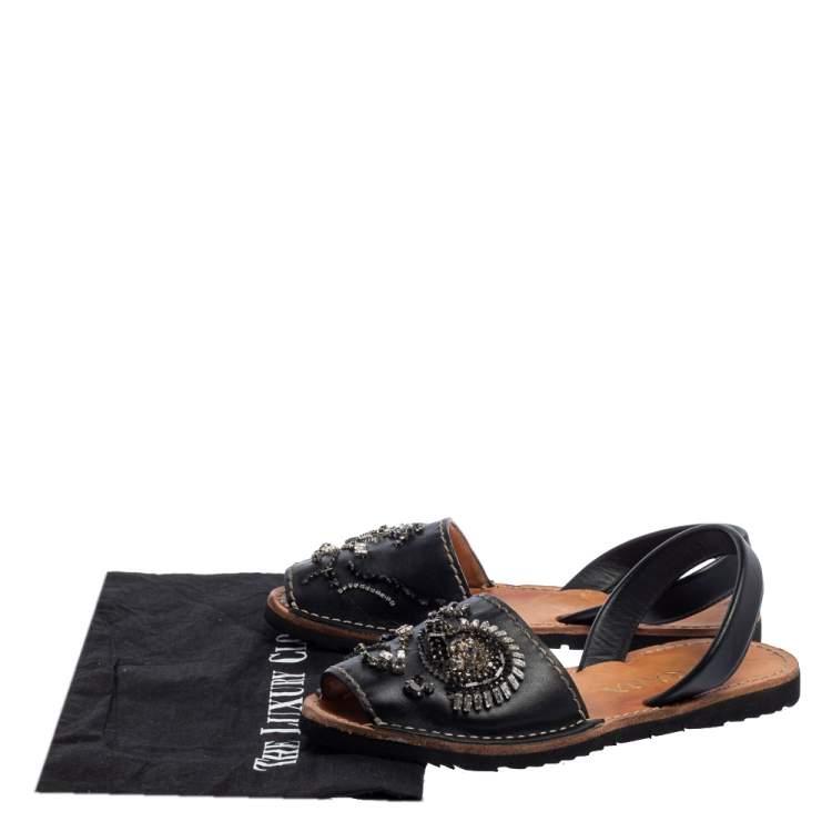 Pre Owned Prada Black Leather Crystal Embellished Flat Sandals Size 39.5