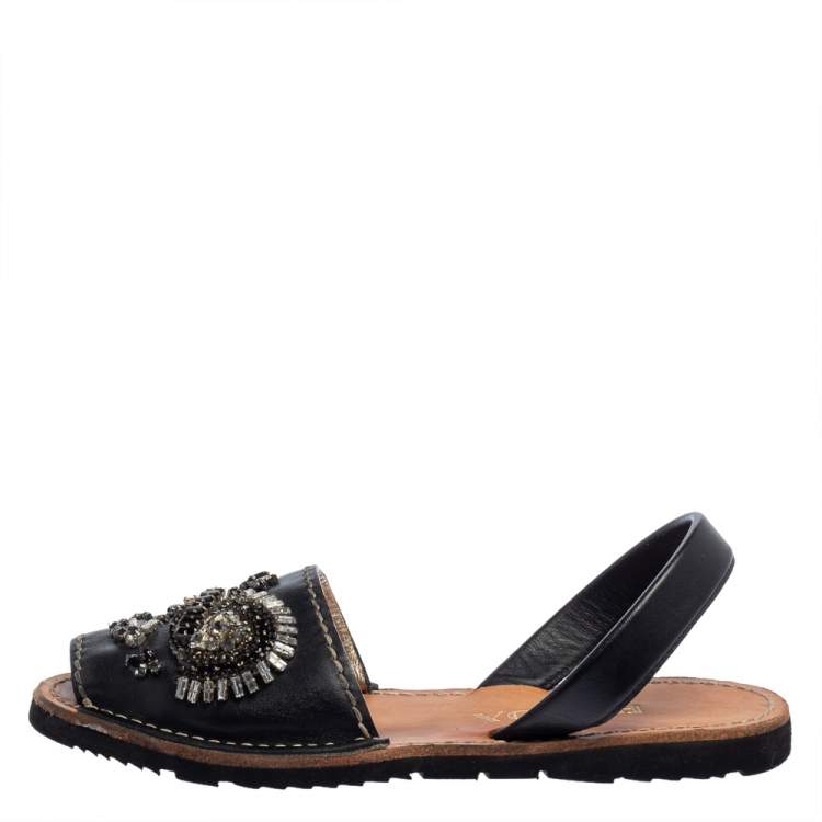 Pre Owned Prada Black Leather Crystal Embellished Flat Sandals Size 39.5