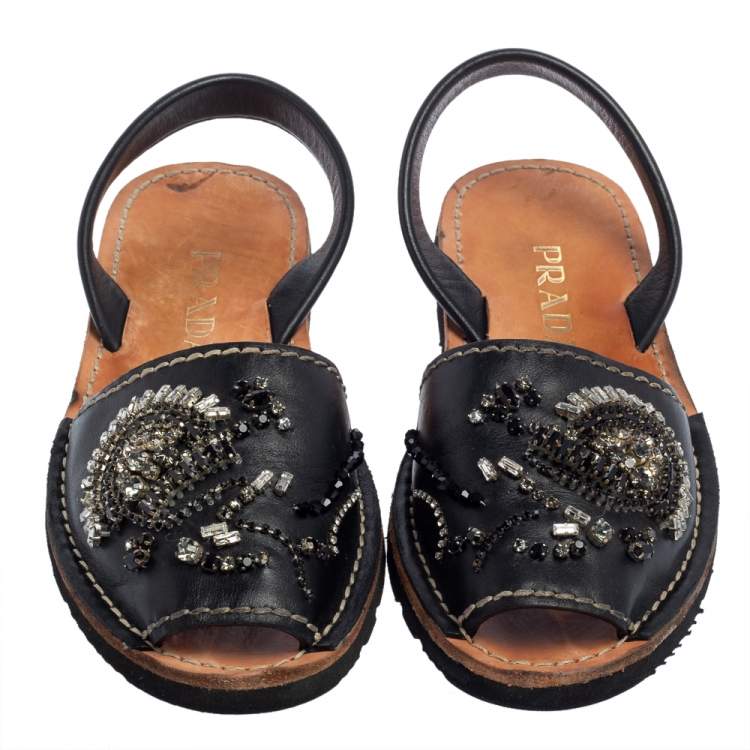 Pre Owned Prada Black Leather Crystal Embellished Flat Sandals Size 39.5
