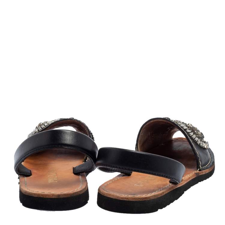 Pre Owned Prada Black Leather Crystal Embellished Flat Sandals Size 39.5