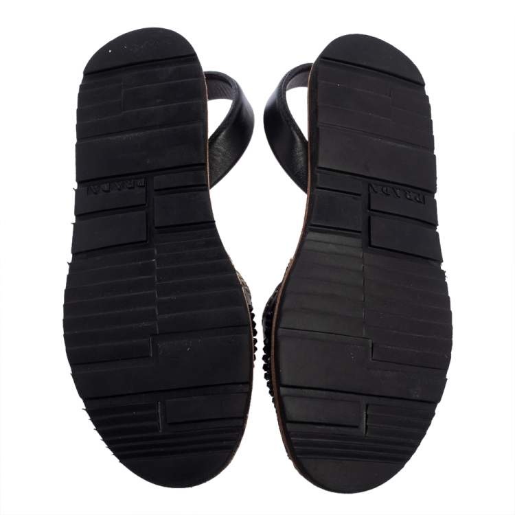 Pre Owned Prada Black Leather Crystal Embellished Flat Sandals Size 39.5