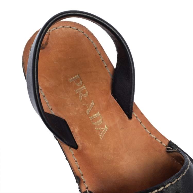 Pre Owned Prada Black Leather Crystal Embellished Flat Sandals Size 39.5