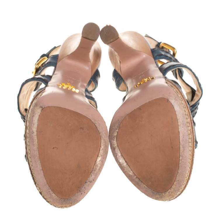 Pre Owned Prada Blue And Tan Leather Stitch Detail Cross Strap Platform Sandals Size 36