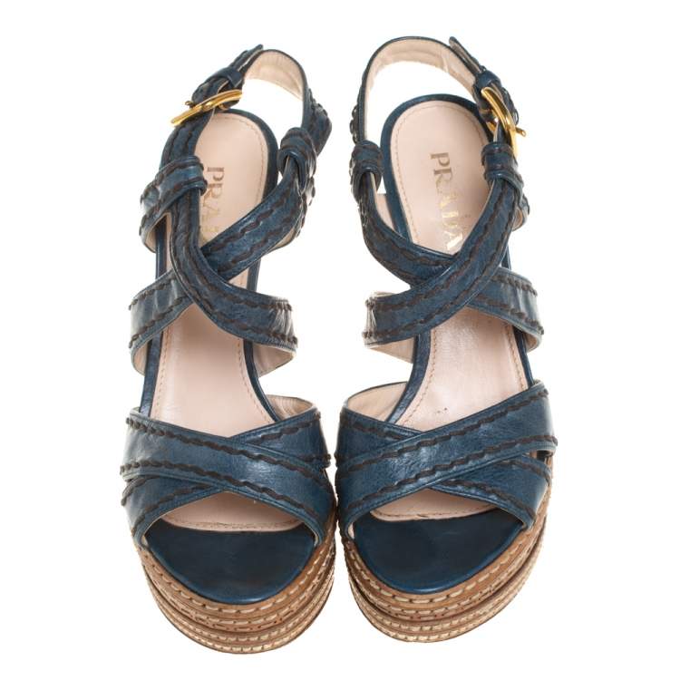 Pre Owned Prada Blue And Tan Leather Stitch Detail Cross Strap Platform Sandals Size 36