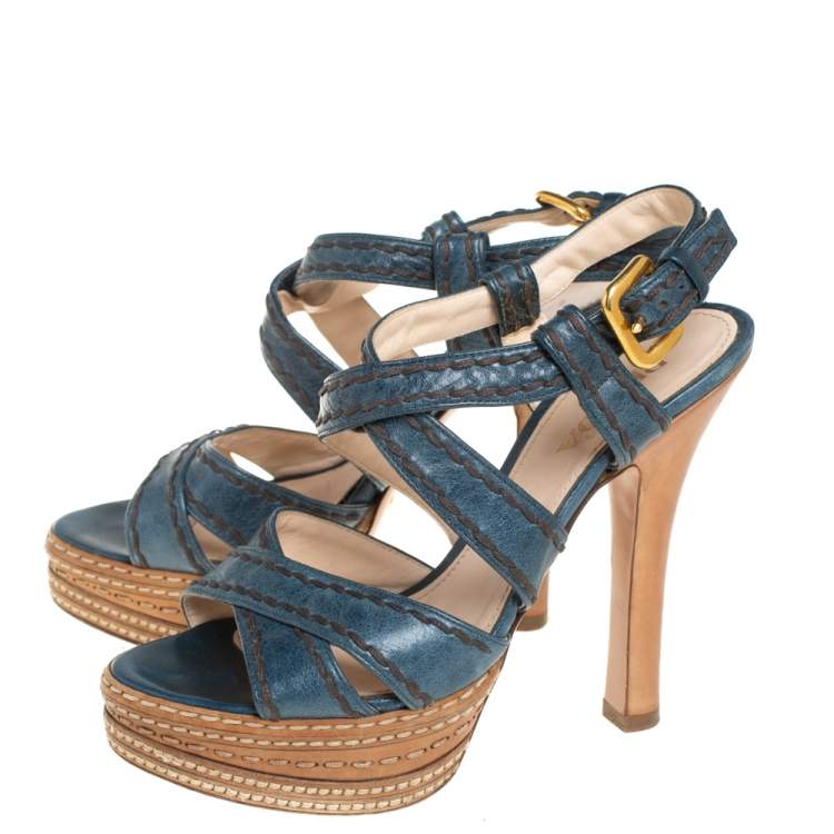 Pre Owned Prada Blue And Tan Leather Stitch Detail Cross Strap Platform Sandals Size 36