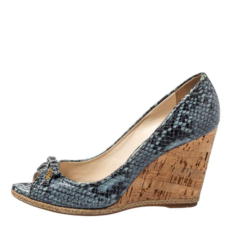 Pre Owned Prada Sport Blue/Black Python Embossed Leather Peep Toe Wedge Sandals Size 36