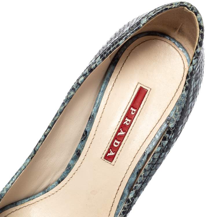 Pre Owned Prada Sport Blue/Black Python Embossed Leather Peep Toe Wedge Sandals Size 36