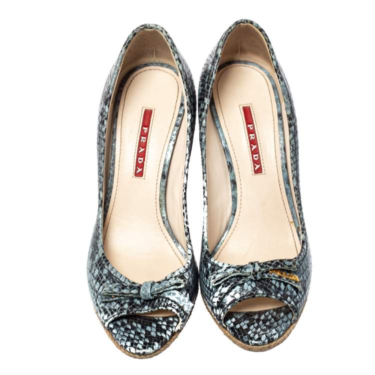 Pre Owned Prada Sport Blue/Black Python Embossed Leather Peep Toe Wedge Sandals Size 36