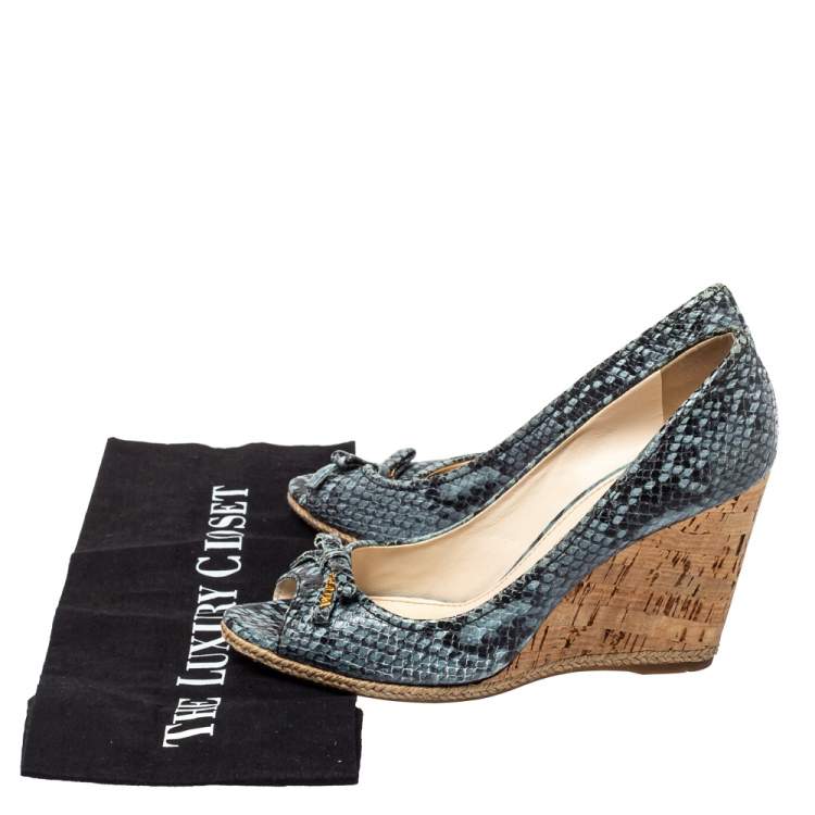 Pre Owned Prada Sport Blue/Black Python Embossed Leather Peep Toe Wedge Sandals Size 36