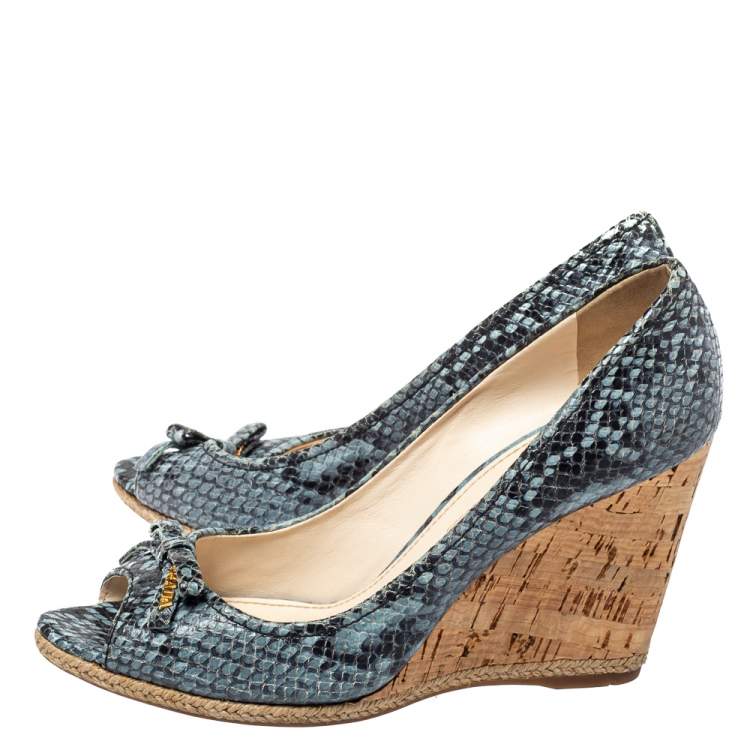 Pre Owned Prada Sport Blue/Black Python Embossed Leather Peep Toe Wedge Sandals Size 36