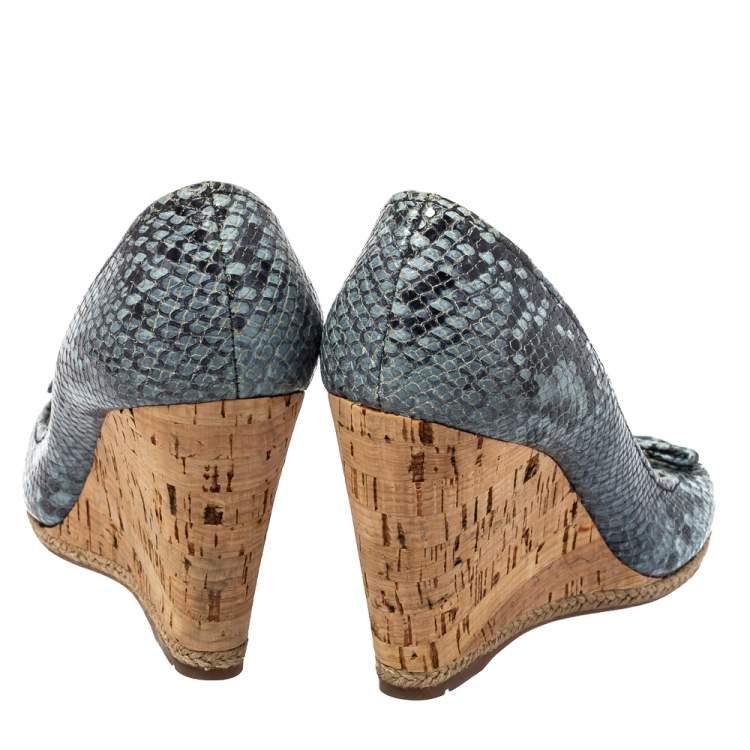 Pre Owned Prada Sport Blue/Black Python Embossed Leather Peep Toe Wedge Sandals Size 36