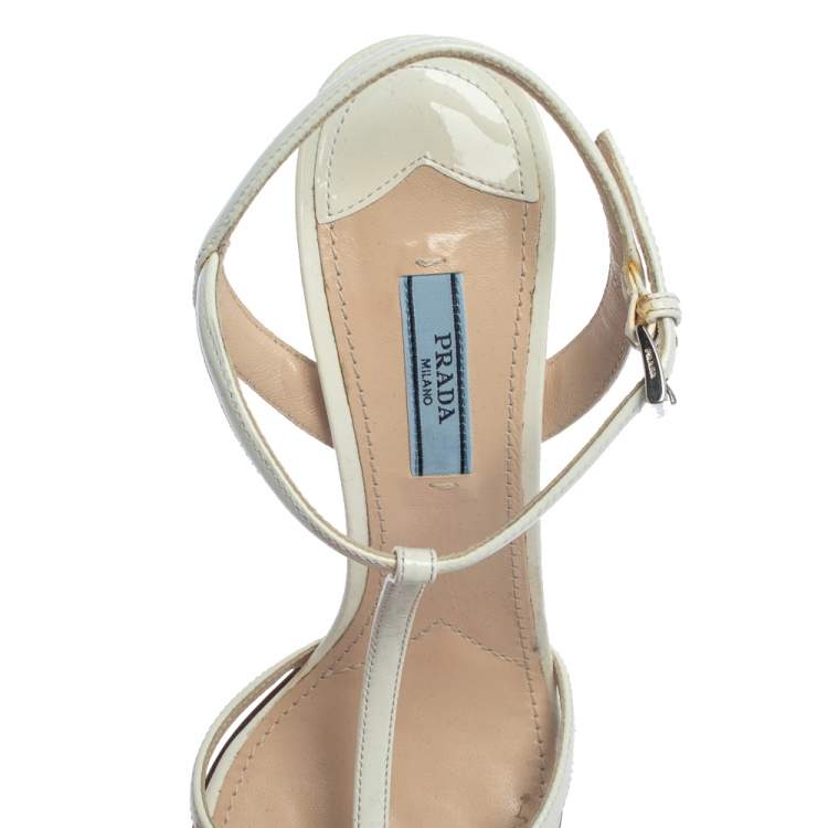 Pre Owned Prada White/Blue Patent Leather Bow T-strap Sandals Size 39.5