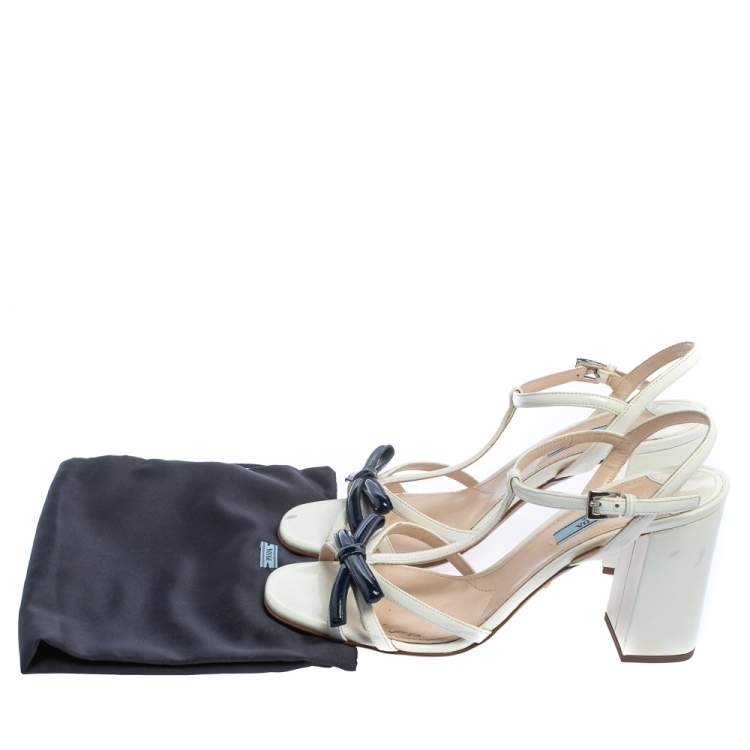 Pre Owned Prada White/Blue Patent Leather Bow T-strap Sandals Size 39.5