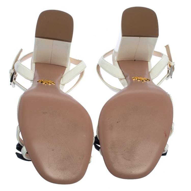 Pre Owned Prada White/Blue Patent Leather Bow T-strap Sandals Size 39.5