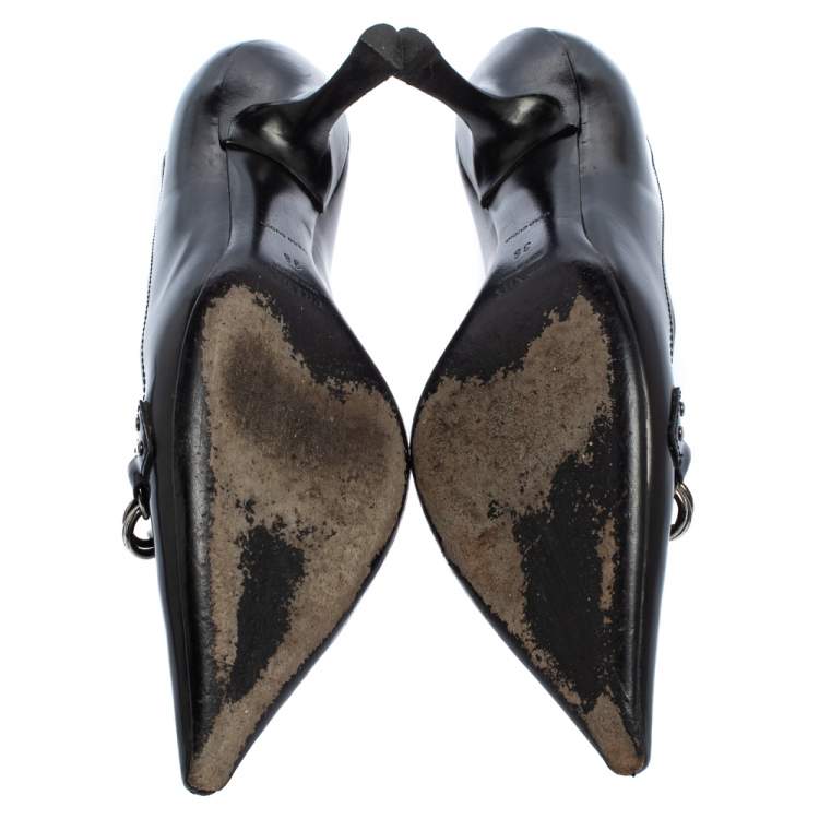 Pre Owned Prada Black Leather Pointed Toe Chain Embellishment Pumps Size 36