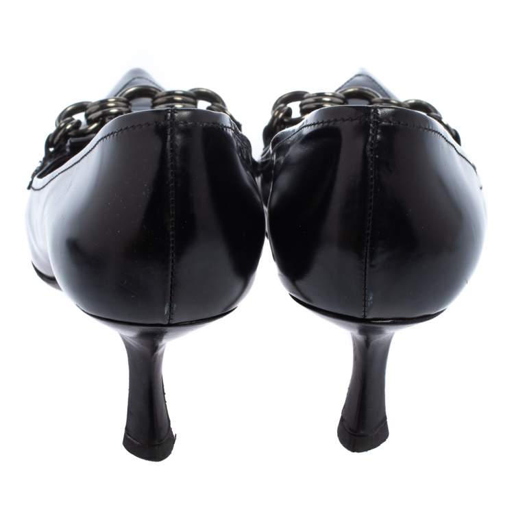 Pre Owned Prada Black Leather Pointed Toe Chain Embellishment Pumps Size 36