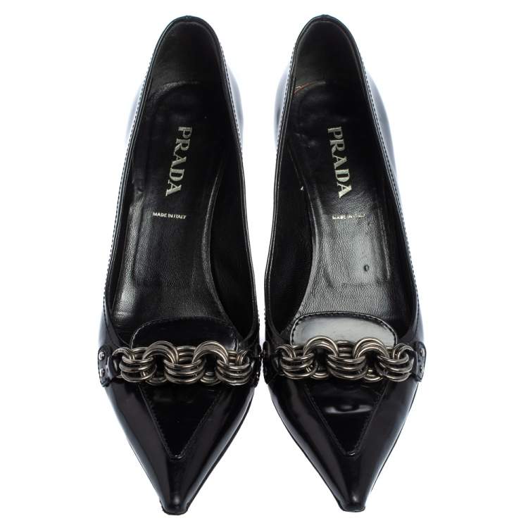 Pre Owned Prada Black Leather Pointed Toe Chain Embellishment Pumps Size 36