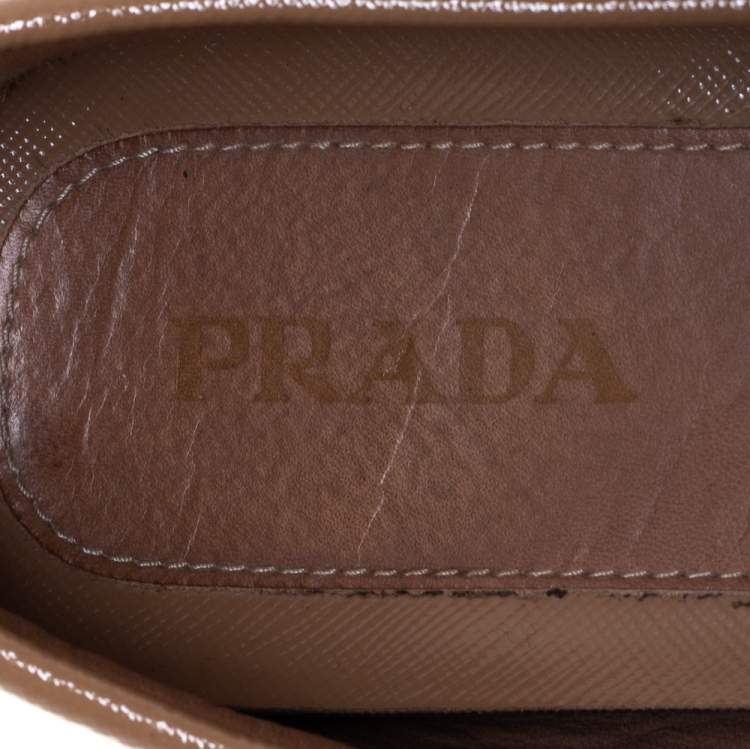 Pre Owned Prada Beige Patent Saffiano Leather Bow Slip On Loafers Size 40
