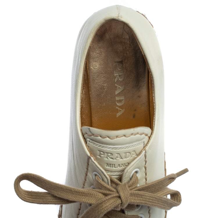 Pre Owned Prada Off White Leather Espadrille Wedge Sneakers Size 36
