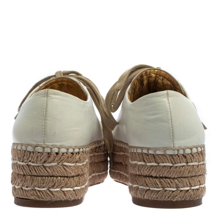 Pre Owned Prada Off White Leather Espadrille Wedge Sneakers Size 36