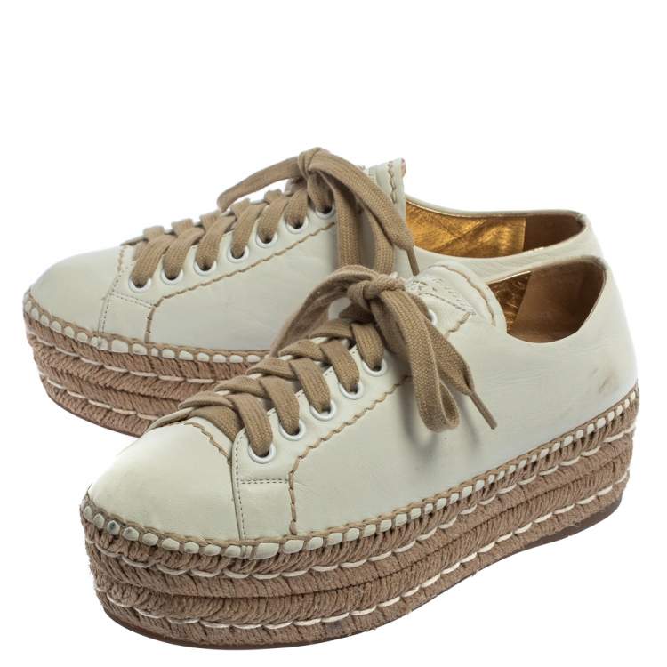 Pre Owned Prada Off White Leather Espadrille Wedge Sneakers Size 36