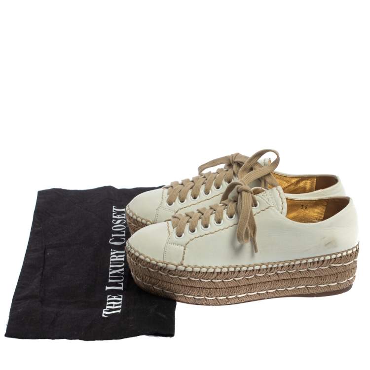 Pre Owned Prada Off White Leather Espadrille Wedge Sneakers Size 36