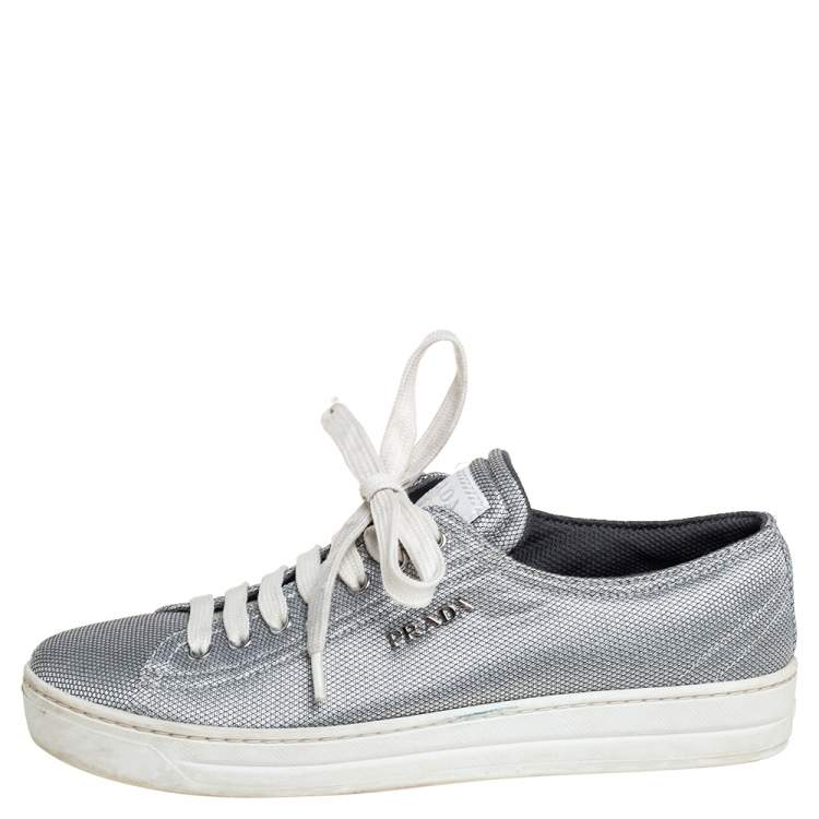 Pre Owned Prada Silver Fabric Low Top Sneakers Size 36