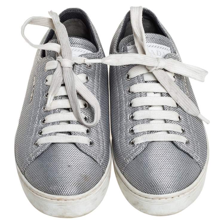 Pre Owned Prada Silver Fabric Low Top Sneakers Size 36
