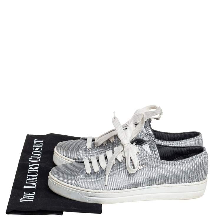 Pre Owned Prada Silver Fabric Low Top Sneakers Size 36