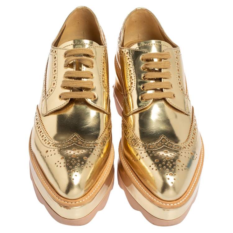 Pre Owned Prada Gold Brogue Leather Wave Wingtip Platform Derby Size 39