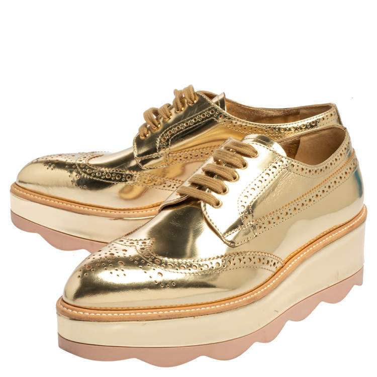 Pre Owned Prada Gold Brogue Leather Wave Wingtip Platform Derby Size 39