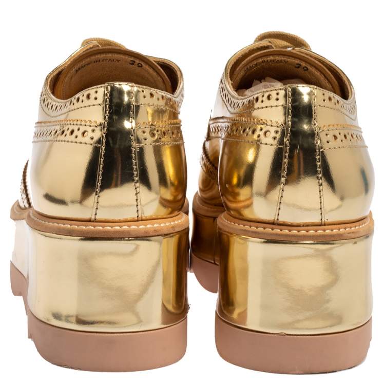 Pre Owned Prada Gold Brogue Leather Wave Wingtip Platform Derby Size 39