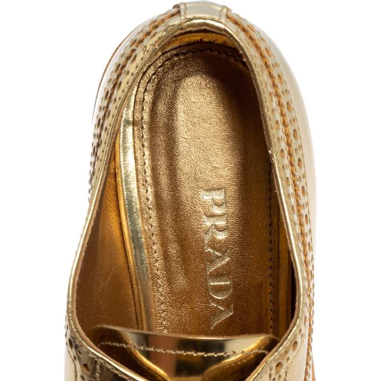Pre Owned Prada Gold Brogue Leather Wave Wingtip Platform Derby Size 39