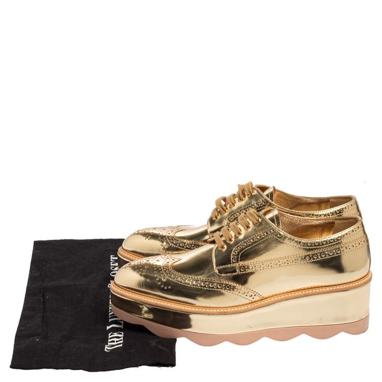 Pre Owned Prada Gold Brogue Leather Wave Wingtip Platform Derby Size 39