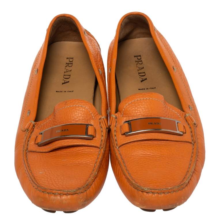 Pre Owned Prada Orange Leather Slip On Loafers Size 38.5