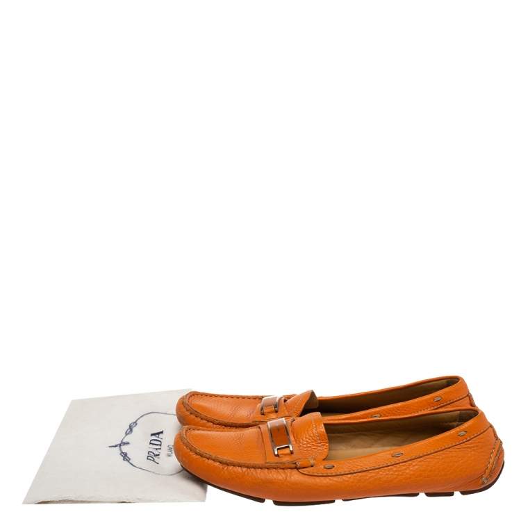 Pre Owned Prada Orange Leather Slip On Loafers Size 38.5
