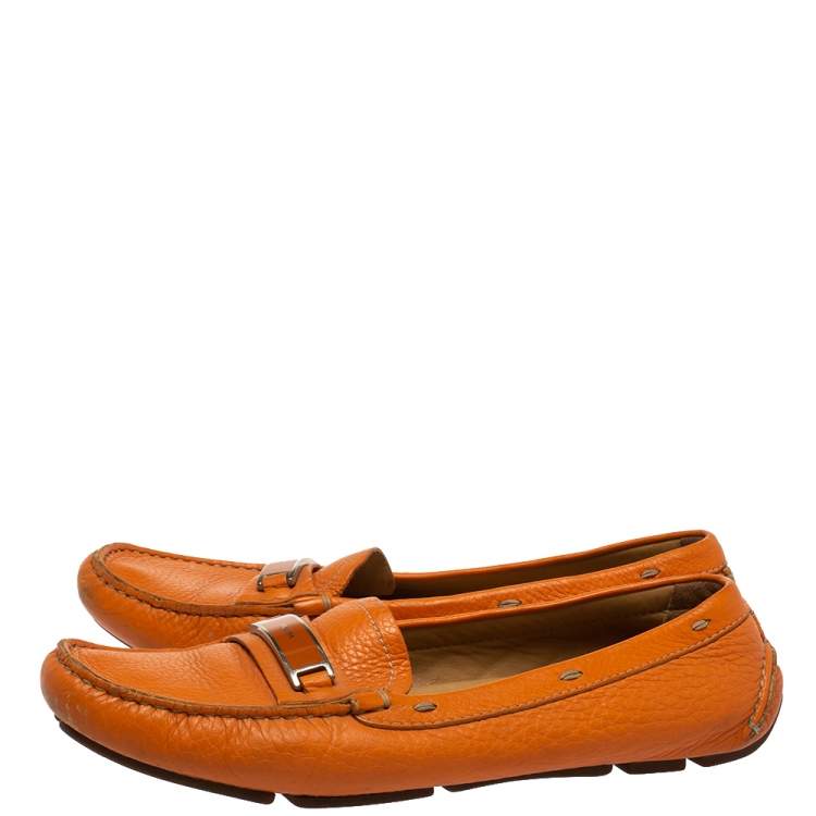 Pre Owned Prada Orange Leather Slip On Loafers Size 38.5