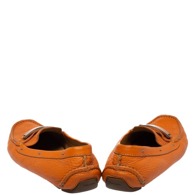 Pre Owned Prada Orange Leather Slip On Loafers Size 38.5