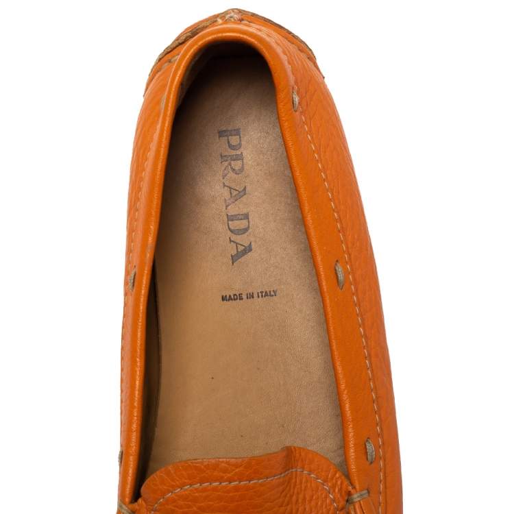 Pre Owned Prada Orange Leather Slip On Loafers Size 38.5