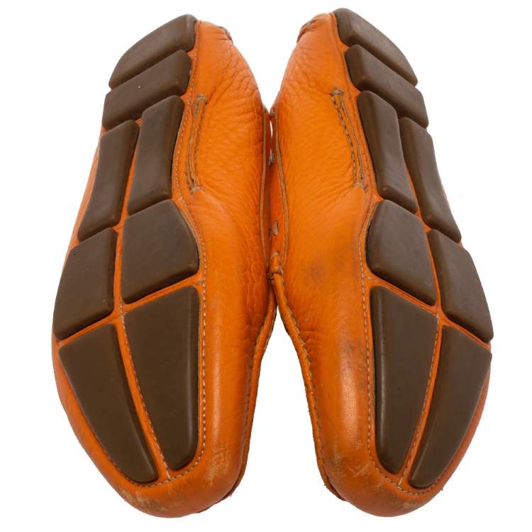 Pre Owned Prada Orange Leather Slip On Loafers Size 38.5
