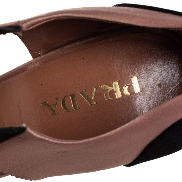 Pre Owned Prada Black/Brown Satin And Fabric Embellished Sandals Size 37