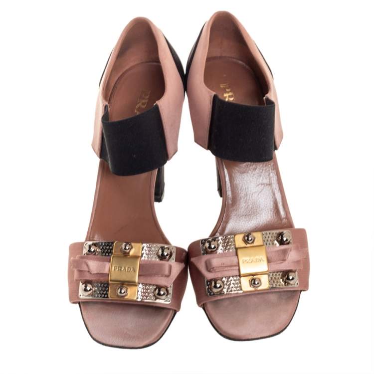 Pre Owned Prada Black/Brown Satin And Fabric Embellished Sandals Size 37