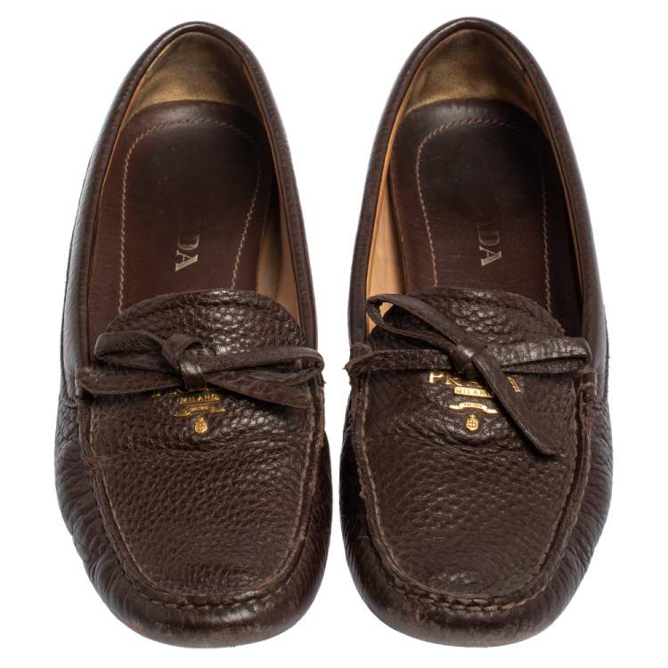 Pre Owned Prada Brown Textured Leather Bow Loafers Size 37.5