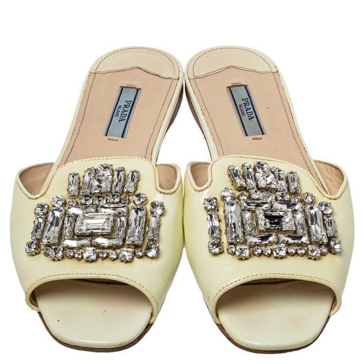 Pre Owned Prada Cream Patent Saffiano Leather Crystal Embellished Flat Sandals Size 38 