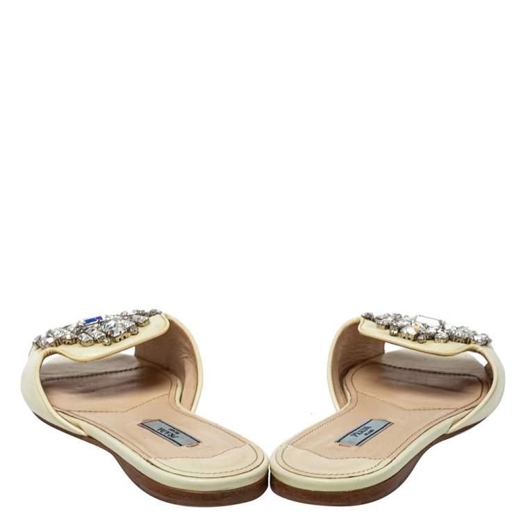 Pre Owned Prada Cream Patent Saffiano Leather Crystal Embellished Flat Sandals Size 38 